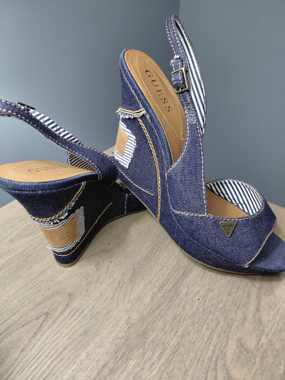 GUESS Denim Wedge Sandals in Dark Blue